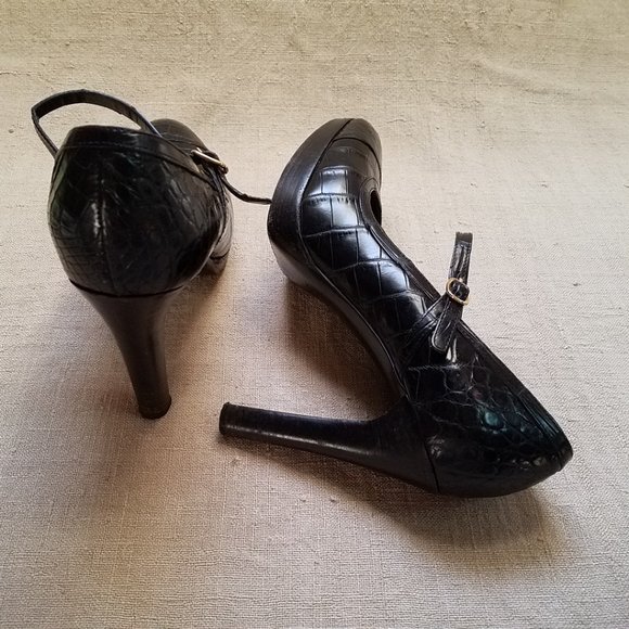 Ralph Lauren Collection Crocodile/Alligator Mary Jane Heels Shoes~Black Genuine - Picture 5 of 11